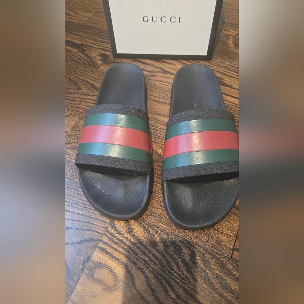 Authentic Gucci Men's Black Slides with Red and Green Accents Size 14US 13UK